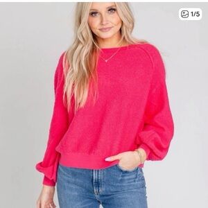 Free People Found my Friend Textured Boucle Crewneck Pullover Hot Pink Sweater